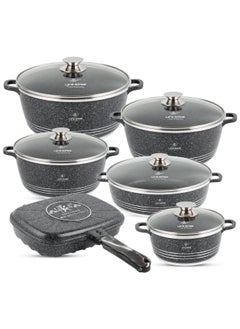 Buy 12-Piece Granite Cookware Set Kitchen Pots and Pans Set Includes Stock Pots, Low Pot and Double Grill Pan Non Stick Cookware Sets Healthy 100% PFOA & PFAS Free in UAE