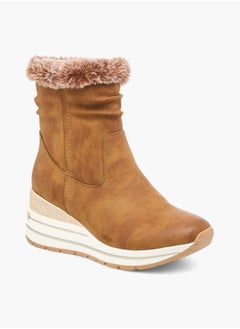 Buy Women's Plush Detail Ankle Boots with Zip Closure and Wedge Heels in UAE