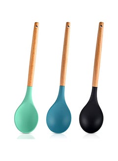 Buy 3 Pieces Large Silicone Spoon Wooden Handle Colorful Nonstick Heat-Resistant Silicone Spoons Silicone Mixing Spoon for Cooking Baking Stirring Kitchen Mixing Tools (dark blue, black and dark green) in Saudi Arabia