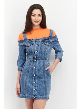 Buy Women 2 In 1 Denim Mini Dress, Blue/Orange in UAE