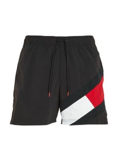 Buy Men's Flag Mid Length Drawstring Slim Swim Shorts, Black in Saudi Arabia