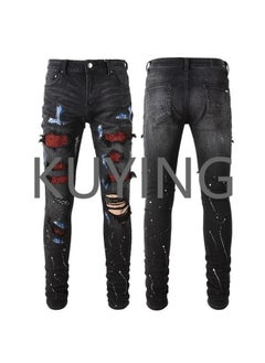 اشتري Treet Trend Brand Cross-Border Jeans With black Hole Patch And Red Diamond Stretch Vintage Pants For Men في الامارات