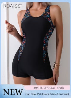 Buy One Piece Printed Patchwork One Piece Swimsuit Women'S Beach Sleeveless Boxer Surf Suit in UAE