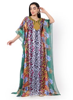 Buy DIGITAL MULTICOLOUR LEOPARD PRINTED LONG STYLISH ARABIC KAFTAN JALABIYA DRESS in Saudi Arabia