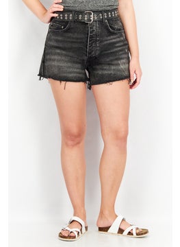 اشتري Women Belted Dark Wash Denim Short, Black في السعودية