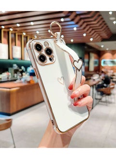 Buy Compatible With iPhone 15 Pro Case, iPhone 15 Pro Phone Case With Adjustable Wristband Kickstand Loop, Lovely Heart Luxury Plating Bumper, Raised Corner Shockproof Women Girls Cover, White in UAE