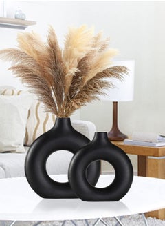 Buy Set of 2 Black Donut Ceramic Vase Nordic Minimalism Style Hollow Flower Vase for Pampas Grass Dried Flowers Handmade Modern Round Vase Decorations 18*19 cm and 22*23CM in Saudi Arabia