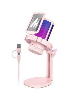 Buy MAONO USB Gaming Microphone for PC Noise Cancellation Condenser Mic with RGB Lights Mute Streaming Recording and Podcast GamerWave Pink in Saudi Arabia