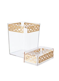 Buy A set of acrylic wastebasket and tissue box and golden decor for an elegant and modern home in Saudi Arabia