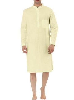 Buy Men's Muslim Stand Collar Robe Thobe Solid Color Long Sleeve Kaftan Casual Shirt Light Khaki in UAE