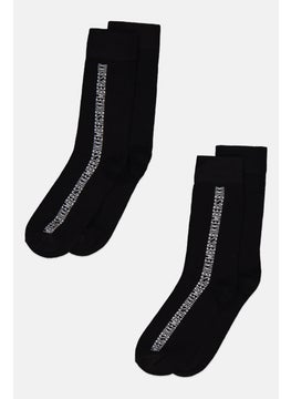 Buy Men 2 Pairs Embroidered Logo Tennis Socks, Black/White in UAE