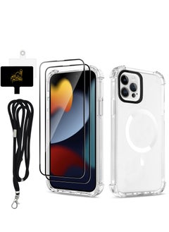 Buy 4 in 1 for iPhone 15 Pro Case, Military-Grade Drop Protection, iPhone 15 Pro Clear Cover with 2 x Tempered Glass Screen Protector 1 x Universal Cell Phone Lanyard Air-Guard Corners Hard Acrylic Back in Saudi Arabia