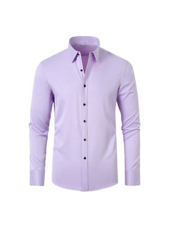 اشتري Men's Elastic Long Sleeve Shirt Solid Youth Men's Wear Non iron Shirt Purple في السعودية