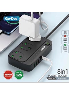 Buy Power Strips smart plug that supports 8 charging ports that supports the PD feature 2 meter black in Saudi Arabia