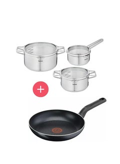 اشتري Tefal 7 Piece Cookware set Induction Pot 6 Pieces Stainless Steel Saucepan 16cm Cooking Pots 20 & 24cm with Lid Cooking Pot and  Issencia Frying Pan 32cm Non-stick Frying Pan Induction Compatable في الامارات