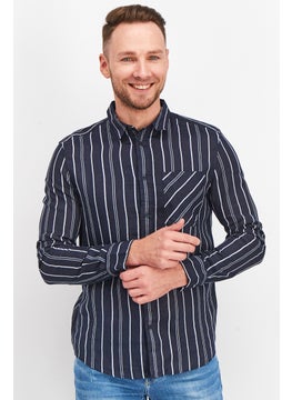 Buy Men Regular Fit Stripe Long Sleeves Casual Shirt, Navy/White in UAE