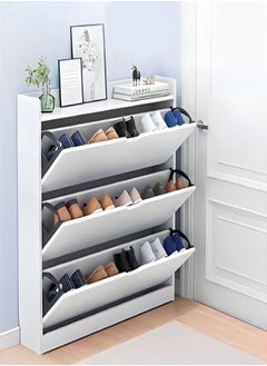 اشتري 3 Tier Ultra Thin Tilting Shoe Cabinet Rack for Entryway Hallway Storage Furniture White 80 x 17 x 115 cm في الامارات