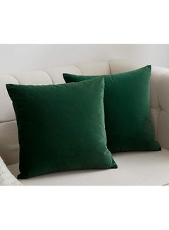 Buy Velvet Throw Pillow Covers Solid Color Decorative Square Soft Cushion Cases for Sofa Car 18x18 Inch Set of 2 Dark Green in UAE