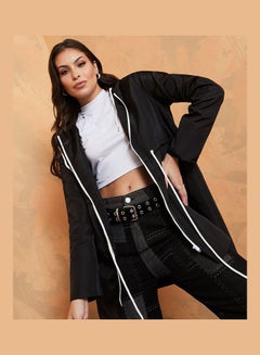 Buy Longline Regular Fit Hooded Jacket with Contrast Zip Closure and Self Tie Up in Saudi Arabia