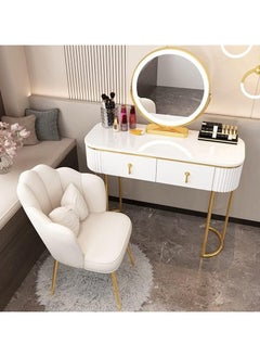 اشتري Modern White Oval Glossy Makeup Vanity with 2 Drawers & Rotatable Mirror & Stool Engineered Wood Dressing Table في الامارات