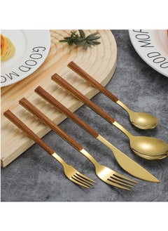 اشتري 5-Piece Faux Wood Grain Handle Stainless Steel Flatware Cutlery Set For Home Office Restaurant في السعودية