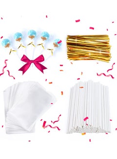 Buy 300Pcs Cake Pop Sticks and Wrappers Kit, Including 100ct 6-inch Paper Lollipop Sticks Including 100 Parcel Bags ,100 Gold Twist Ties,for Cakepop, Lollipop, Hard Candy, Suckers, Chocolate in UAE