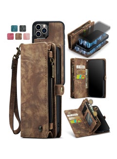 Buy Protective Phone Cover Case Wallet Case For Apple iPhone 12 Pro Max, 2 in 1 Detachable Premium Leather Magnetic Zipper Pouch Wristlet Flip Phone Case (Coffee) in UAE