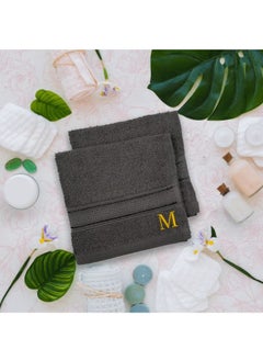 Buy Daffodil (Dark Grey) Monogrammed Face Towel (30 x 30 Cm - Set of 6) 100% Cotton, Absorbent and Quick dry, High Quality Bath Linen- 500 Gsm Golden Thread Letter "M" in UAE