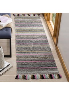 Buy Montauk Collection Runner Rug 2'3" X 8' Black & Multi Handmade Boho Stripe Fringe Cotton Ideal For High Traffic Areas In Living Room Bedroom (Mtk901B) in UAE