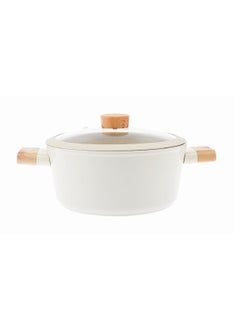 اشتري Swiss Crystal High Quality Ceramic Coating Non-Stick Casserole - 22cm- Glass Lid With Protective Silicon Edge - Natural Wood Handles and Knob - Beige في الامارات