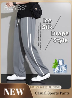 Buy Drawstring Sports Pants for Men with Weave Belt and Waist Side Striped Fashionable Casual Simple All Match Trousers Cool to Touch Mens Loose Fit and Breathable Wide Leg Pants in UAE