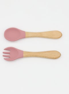 Buy Wooden Bamboo and Silicone Weaning Spoon, Fork, Cutlery Feeding Set - Pink in UAE