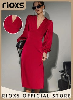 Buy Women's Fashion Satin Dress Lantern Sleeve V-neck Maxi Dress High Waist Bodycon Refined Cocktail Dresses in Saudi Arabia