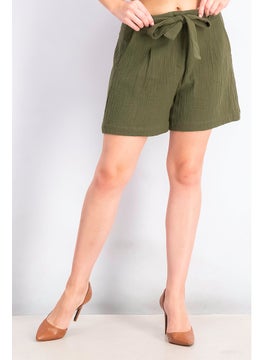 Buy Women Drawstring Plain Shorts, Olive in UAE