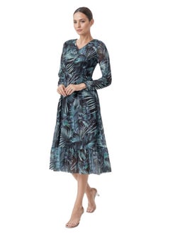 Buy Long Sleeve V-Neck Tropical Print Midi Dress - Green and Blue in UAE