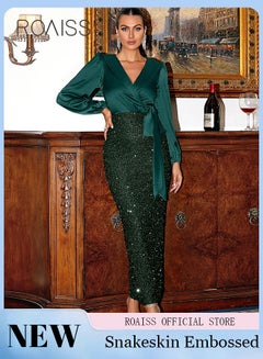 Buy Sequin Party Evening Dress for Women Prom Banquet Elegant Dresses New Style V-Neck Shirt Wrapped Hip Fishtail Skirt in Saudi Arabia