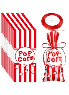 Buy 100 Pcs Carnival Popcorn Bags Bulk Carnival Candy Bags Red And White Stripe Cellophane Treat Bags Goody Bags With A Roll Of Red Ribbon For Party Favor Supply Cookie Cupcake Wrapping in UAE