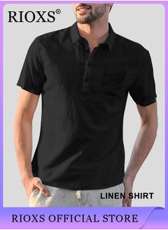 Buy Men's Short Sleeve V-Neck Henley Shirt Loose Linen Button-Up Top Casual Beach Shirt in UAE