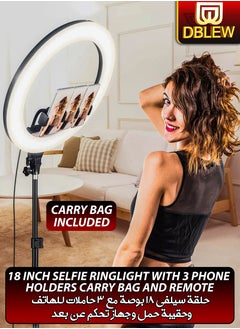 Buy 18 inch Dimmable Circle LED Studio Selfie Ring Light With 90Inch Tripod Stand Remote And 3 Mobile Phone Holders For Makeup Camera Photography YouTube Video Shoot TikTok Vlog Live Stream With Carry Bag in UAE