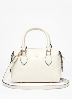 Buy Women Monogram Embossed Bowler Bag with Zip Closure and Double Handles in UAE