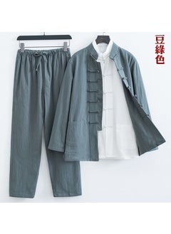 Buy Mens Cotton Linen Tang Suit Set Chinese Style Tea Attire Green two-piece [jacket pants]] in UAE