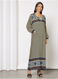 Buy Jalabiya In Abstract Print  With Lace And Tassel Embellishments in UAE