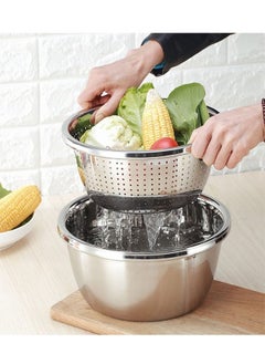 اشتري Set of 2 Stainless Steel Grater Basin Drain Basket Washing Bowl Set 24cm في الامارات