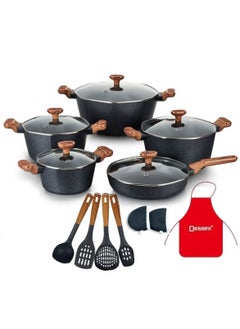 Buy 17-Pieces Granite Coated Cookware Set Includes 20,24,28 & 32cm Casserole With Lid, 28cm Deep Fry Pan with Lid and 7xCooking Tools in UAE