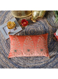 Buy Gleam Filled Cushion 100% Cotton Velvet Emb. Filled Cushions (Front And Back) With Hand Work Decorative Lightweight Rectangle Throw Pillow For Sofas Living Room L 30x50 cm Orange in UAE