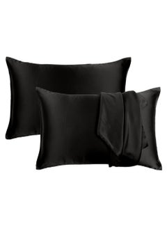 Buy Satin Pillow Cover For Skin And Hair Care Black Silk Pillowcase Set of 2 with Envelope Closure 45W X 68L CM Regular Size (18 x 27 Inches) in UAE