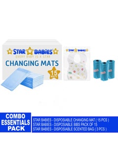 Buy Baby Essentials Pack Pack Of 3 Changing Mat 15Pcs Scented Bag 3Pcs Bibs 15Pcs Blue in UAE