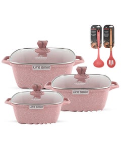 Buy Non Stick Cookware Sets - 8-Piece Square Granite Cookware Set Kitchen Pots and Pans Set Includes 24/28/32/32cm Stock Pots - Healthy 100% PFOA & PFAS Free PINK in UAE