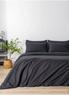 Buy Premium King Size 6 Pieces Bedding Set without filler, Solid Rich Black Color, Satin Stripe Design in UAE