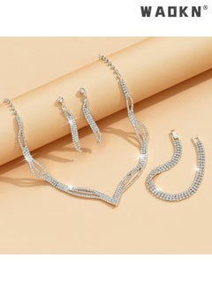 Buy 3 Pcs Rhinestone Necklace Bracelet Earrings Set Flash Diamond V-neck Collar Chain Ear Drop Dangle Bridal Evening Dress Accessories for Girlfriend Wife Mother Bridesmaids Wedding Party Accessories in UAE